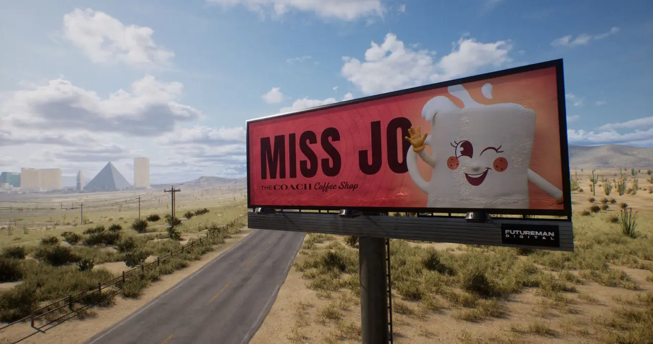 A billboard for Lil Miss Jo for the Coach Coffee Shop