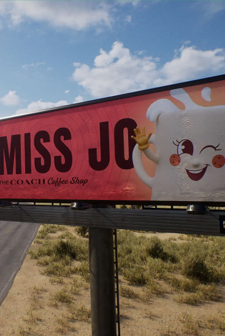 A billboard for Lil Miss Jo for the Coach Coffee Shop