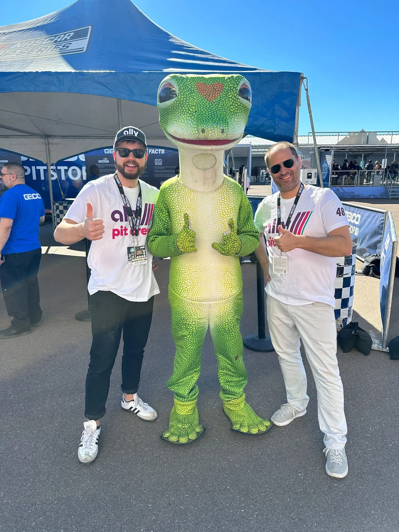 Conner & Conrad with the Geiko gecko at the Ally footprint of a NASCAR race